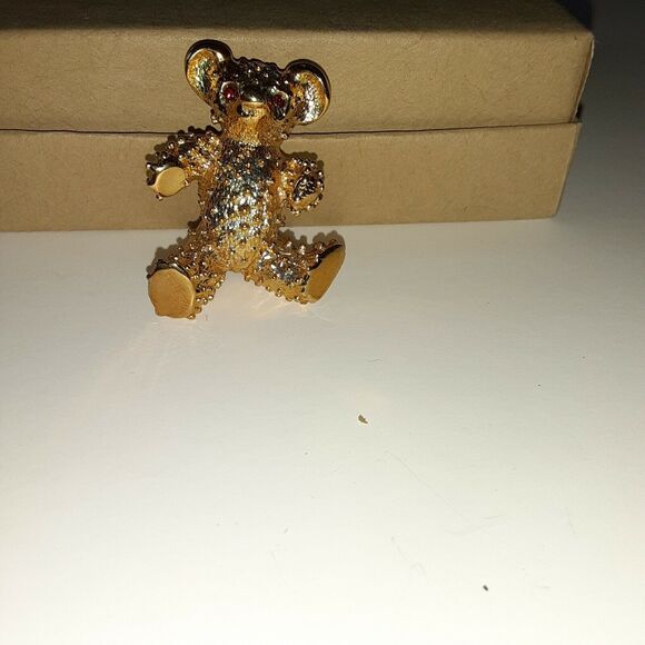 VINTAGE SIGNED Teddy Bear Brooch Heavy Red Rhinestone eyes - Picture 4 of 10